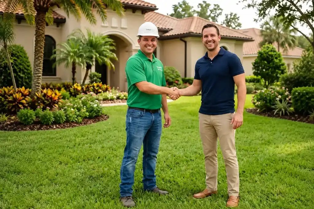 Tampa Turf Services crew member shaking hands with a homeowner on a landscaped Tampa lawn