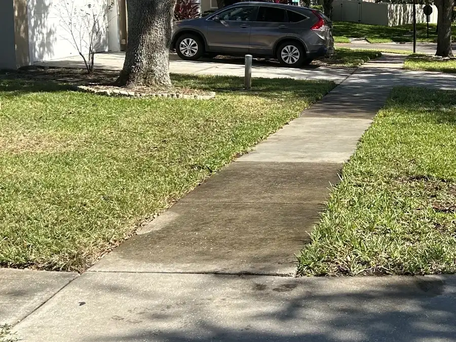 Lifted sidewalk panel marked for repair and the walkway after repair at a Tampa home